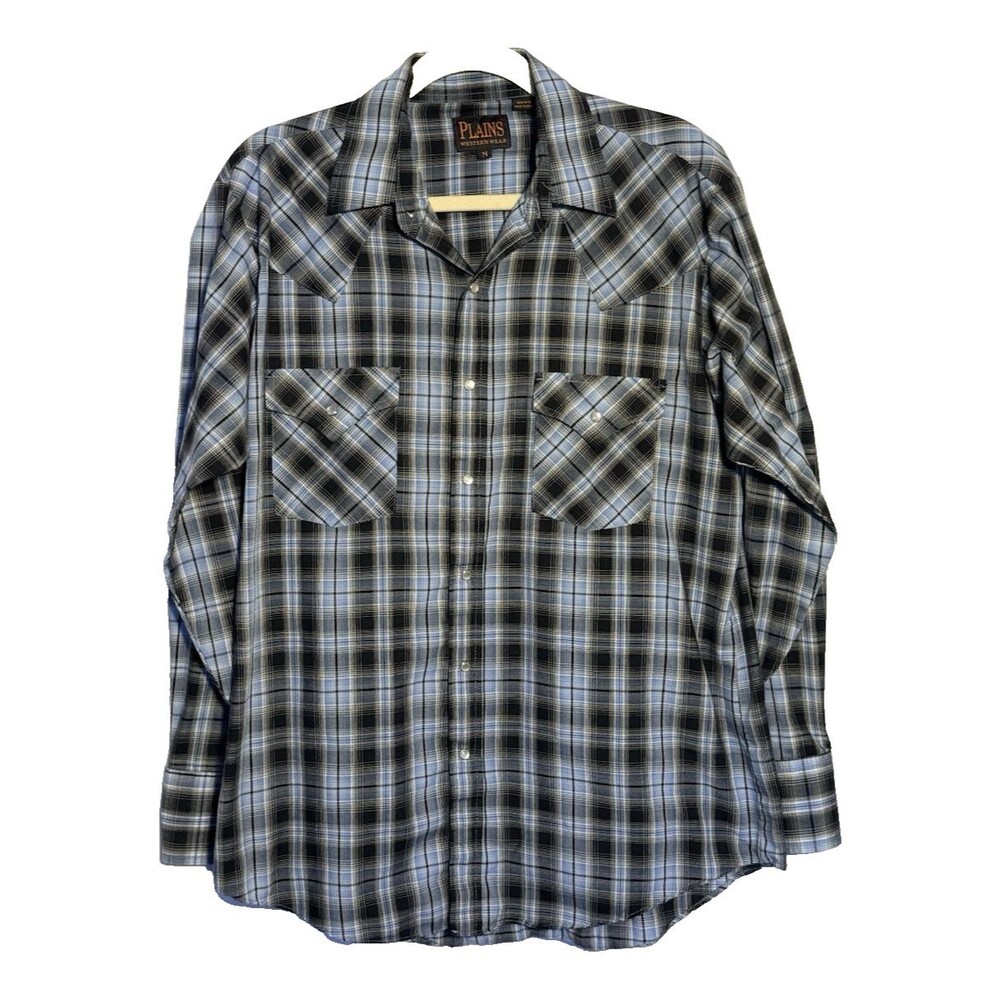 Plains Western Wear Men's M Pearl Snap Long Sleeve Shirt Blue Plaid Pockets
